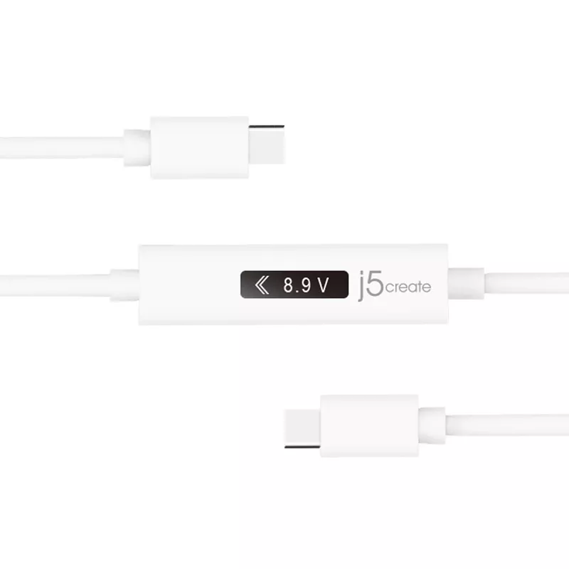 j5create JUCP14 USB-C™ 2.0 - USB-C™ -kaapeli dynaamisella OLED-tehomittarilla, valkoinen, 1,2 m
