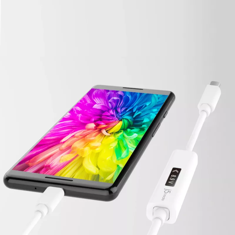 j5create JUCP14 USB-C™ 2.0 - USB-C™ -kaapeli dynaamisella OLED-tehomittarilla, valkoinen, 1,2 m