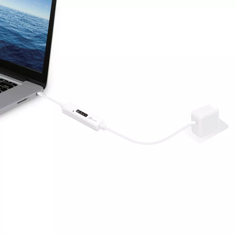j5create JUCP14 USB-C™ 2.0 - USB-C™ -kaapeli dynaamisella OLED-tehomittarilla, valkoinen, 1,2 m