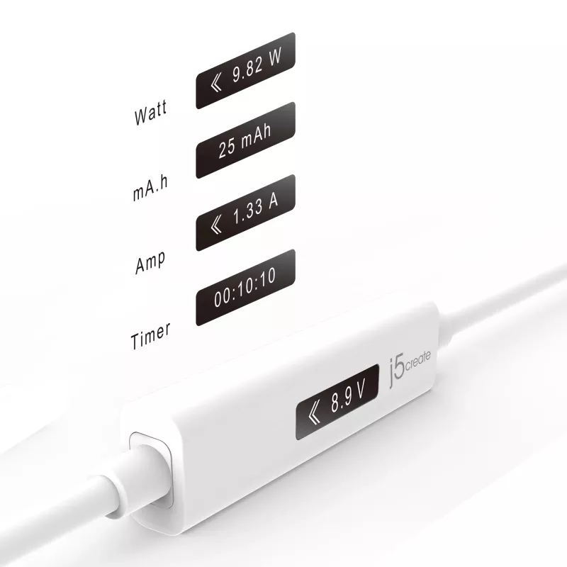 j5create JUCP14 USB-C™ 2.0 - USB-C™ -kaapeli dynaamisella OLED-tehomittarilla, valkoinen, 1,2 m