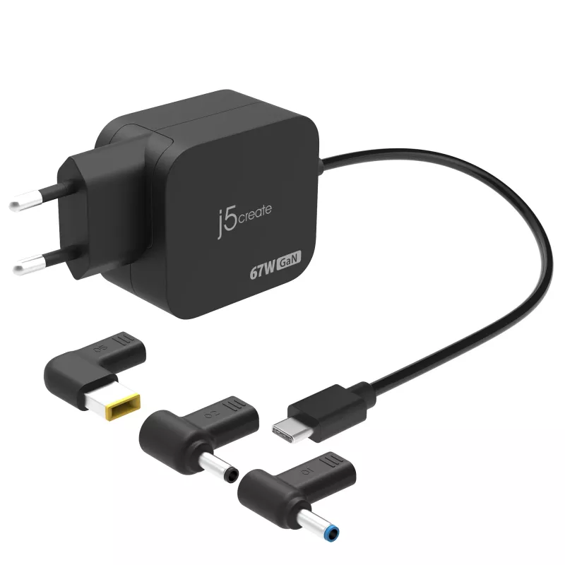j5create JUP1565DCE3A-EN 67W GaN PD USB-C® -minilaturi 3 eri DC-pistokkeella - EU
