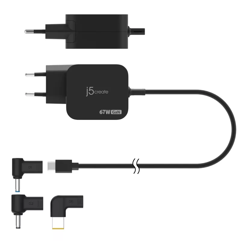 j5create JUP1565DCE3A-EN 67W GaN PD USB-C® -minilaturi 3 eri DC-pistokkeella - EU