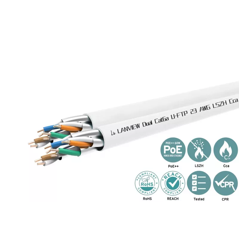 Cat6a U-FTP kaksoisverkkokaapeli 4x2xAWG23 LSZH valkoinen