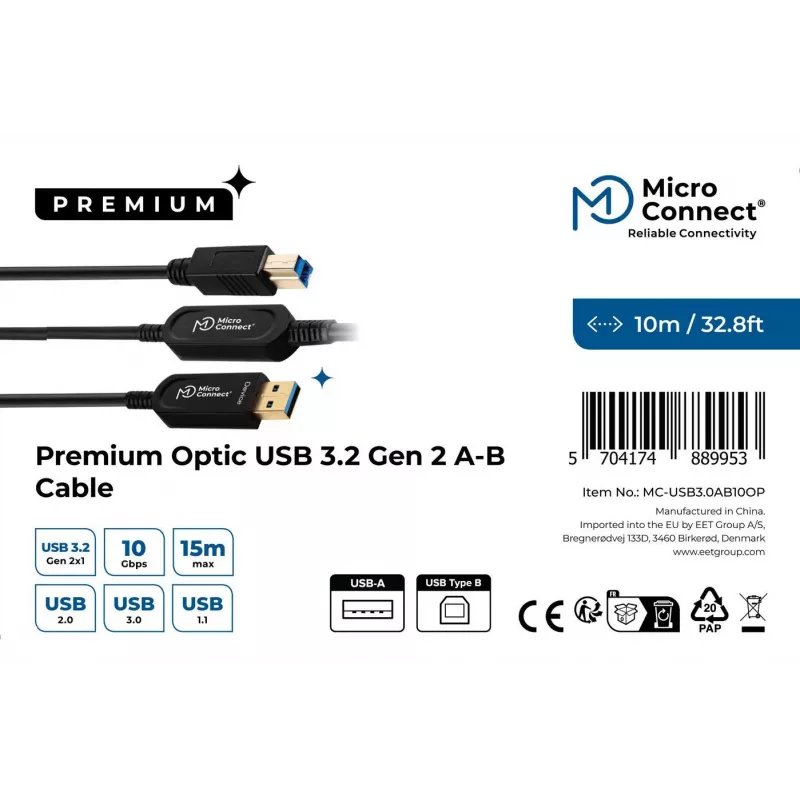 Microconnect MC-USB3.0AB10OP USB-kaapeli USB 3.2 Gen 2 (3.1 Gen 2) 10 m USB A USB B musta
