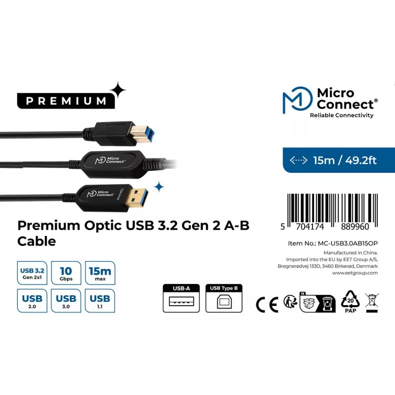 Microconnect MC-USB3.0AB15OP USB-kaapeli USB 3.2 Gen 2 (3.1 Gen 2) 15 m USB A USB B musta