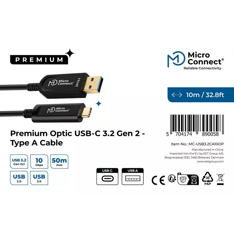 Microconnect MC-USB3.2CA10OP USB-kaapeli USB 3.2 Gen 2 (3.1 Gen 2) 10 m USB-A USB-C musta