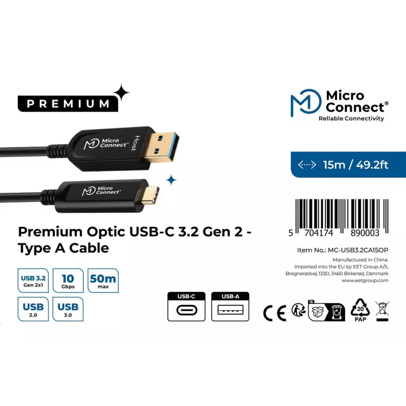 Microconnect MC-USB3.2CA15OP USB-kaapeli USB 3.2 Gen 2 (3.1 Gen 2) 15 m USB A USB C musta