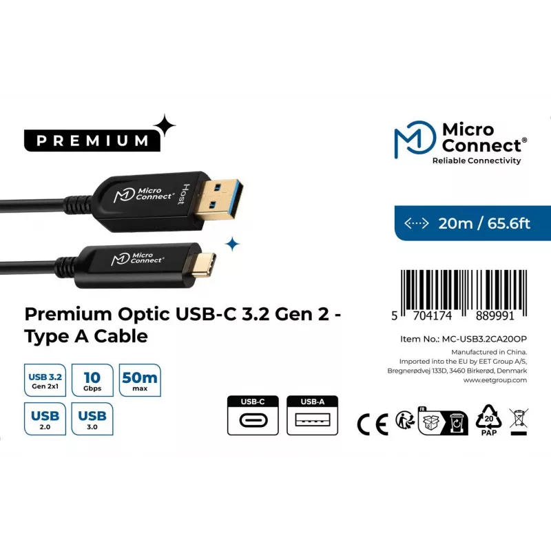 Microconnect MC-USB3.2CA20OP USB-kaapeli USB 3.2 Gen 2 (3.1 Gen 2) 20 m USB A USB C musta