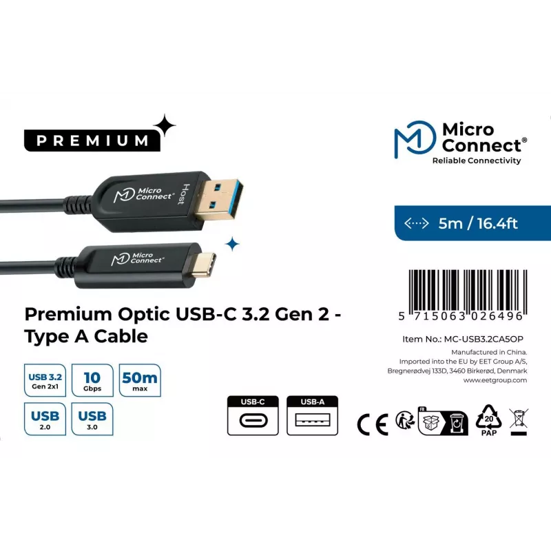 Microconnect MC-USB3.2CA5OP USB-kaapeli USB 3.2 Gen 2 (3.1 Gen 2) 5 m USB A USB C musta