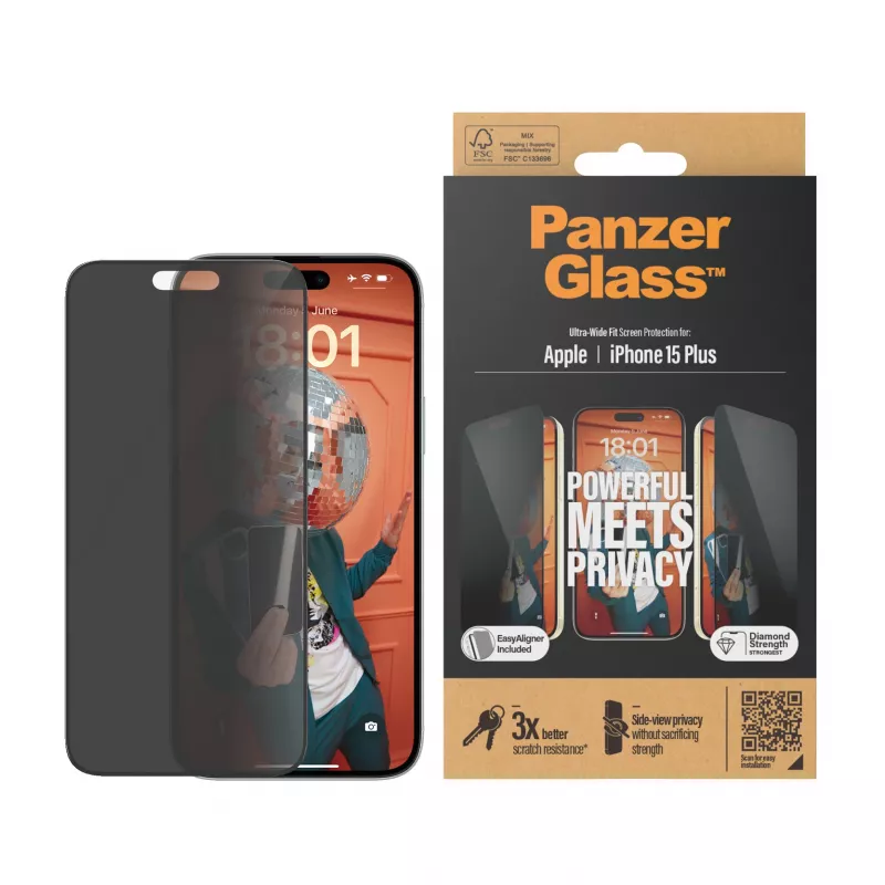PanzerGlass ® tietosuojanäytönsuoja iPhone 15 Plus | Ultra-Wide Fit EasyAlignerilla