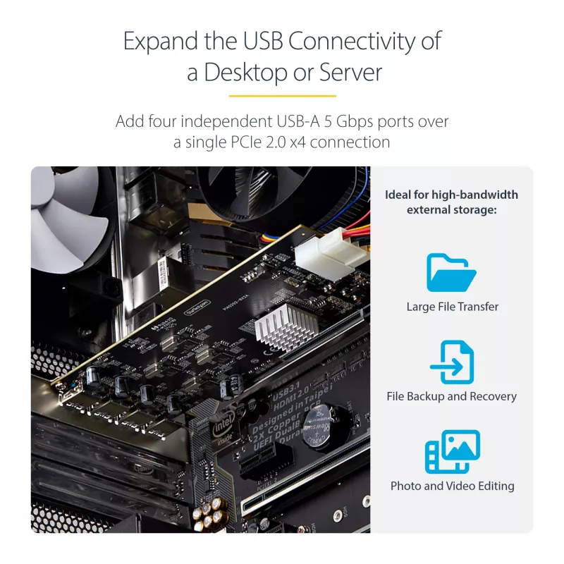 StarTech.com 4-porttinen USB PCIe-kortti, USB 3.2 5 Gbit/s, PCI Express -laajennuskortti, jossa 4 riippumatonta USB-ohjainta, 4 USB-A-porttia, Windows/macOS/Linux