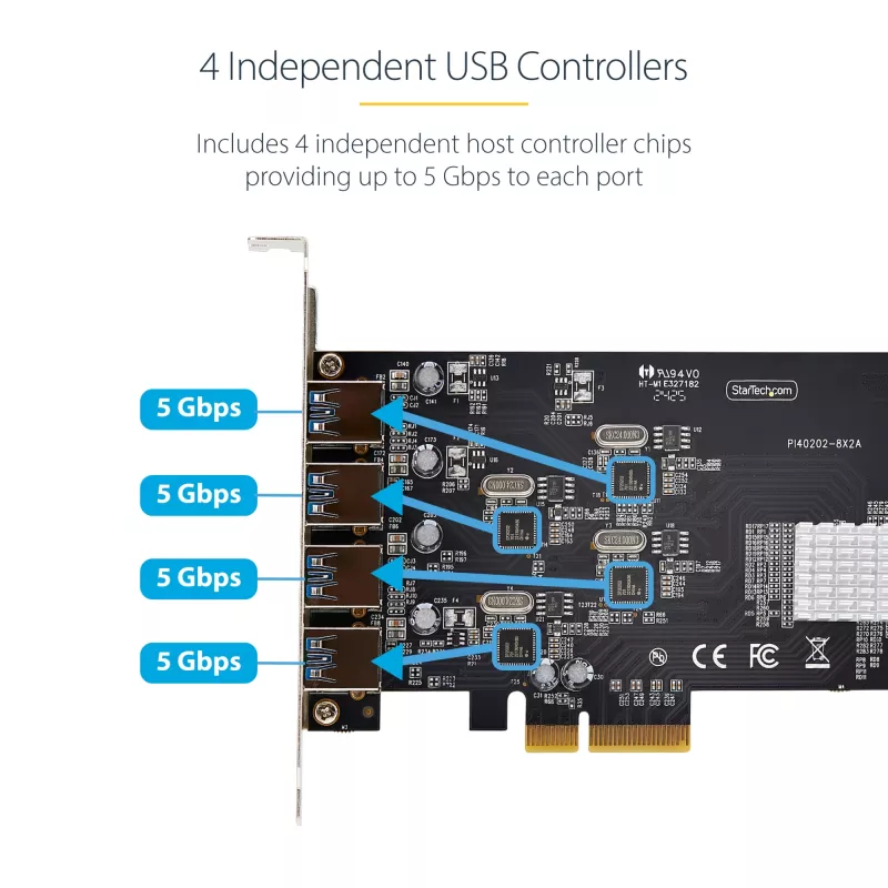 StarTech.com 4-porttinen USB PCIe-kortti, USB 3.2 5 Gbit/s, PCI Express -laajennuskortti, jossa 4 riippumatonta USB-ohjainta, 4 USB-A-porttia, Windows/macOS/Linux