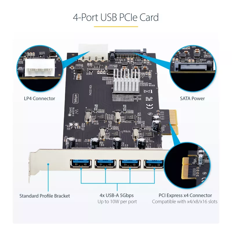 StarTech.com 4-porttinen USB PCIe-kortti, USB 3.2 5 Gbit/s, PCI Express -laajennuskortti, jossa 4 riippumatonta USB-ohjainta, 4 USB-A-porttia, Windows/macOS/Linux