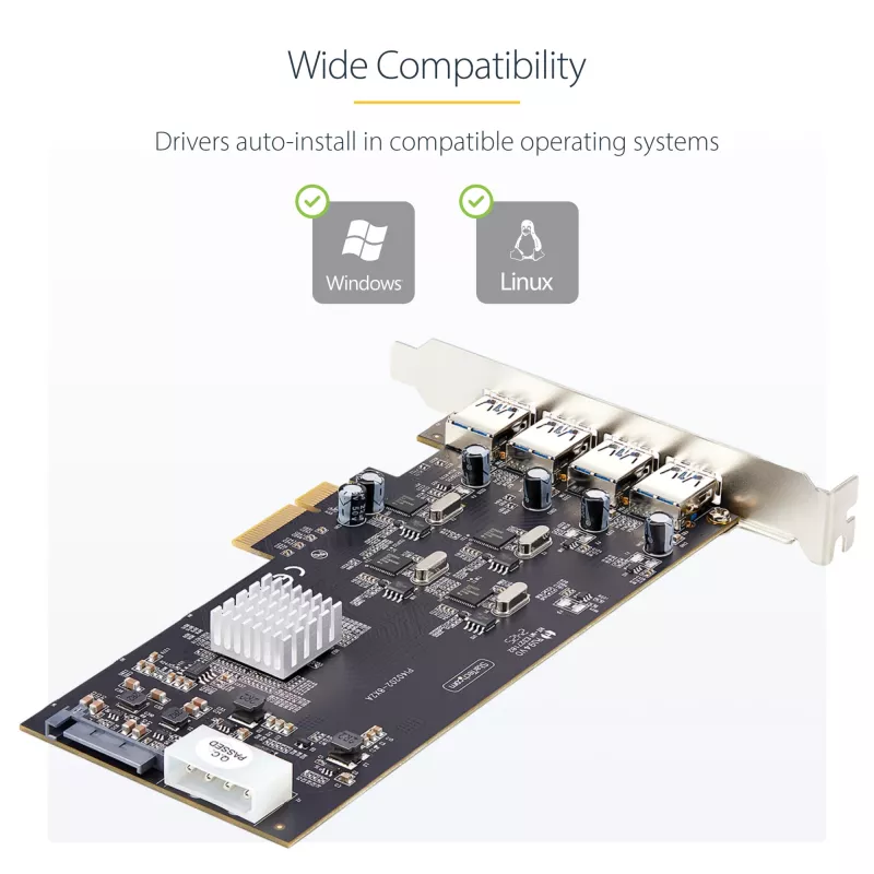 StarTech.com 4-porttinen USB PCIe-kortti, USB 3.2 5 Gbit/s, PCI Express -laajennuskortti, jossa 4 riippumatonta USB-ohjainta, 4 USB-A-porttia, Windows/macOS/Linux