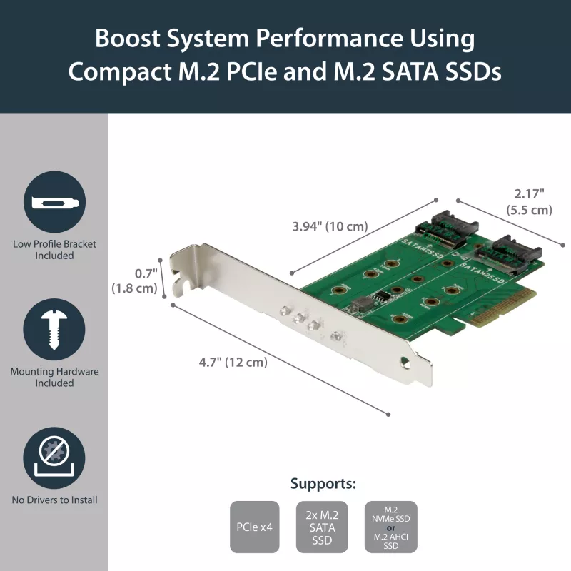 StarTech.com 3-porttinen M.2 SSD (NGFF) -adapterikortti – 1 x PCIe (NVMe) M.2, 2 x SATA III M.2 – PCIe 3.0
