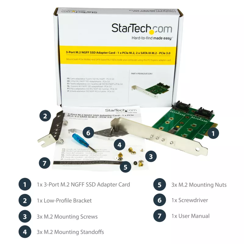 StarTech.com 3-porttinen M.2 SSD (NGFF) -adapterikortti – 1 x PCIe (NVMe) M.2, 2 x SATA III M.2 – PCIe 3.0