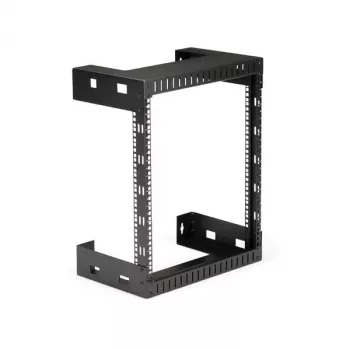 StarTech.com 12HE 19 tuuman seinäasennettava verkkokaappi – 12 tuuman syvyys 2-pylväs Open-Frame-palvelinkehikko data-/AV-/IT-/tietokonelaitteille/patch-paneelille häkkimuttereilla ja ruuveilla 90 kg kantavuus, musta (RK12WALLO)