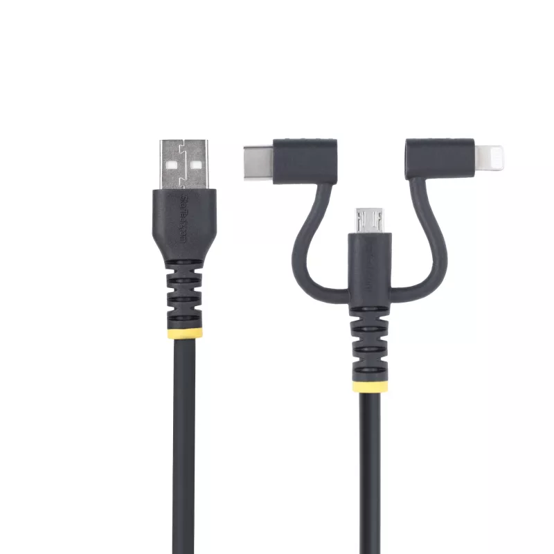 StarTech.com 1 m kestävä USB-monilatauskaapeli, USB Lightning/Micro-USB/Type-C, Apple MFi -sertifioitu, aramidipäällyste, yleinen 3-in-1 USB-latauskaapeli iPhone/iPad/Android
