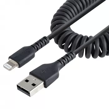 StarTech.com 1 m (3ft) USB-Lightning-kaapeli, MFi-sertifioitu, spiraalimainen iPhone-latauskaapeli, musta, kestävä TPE-päällys aramidikuitu, tukeva spiraalikaapeli Lightning