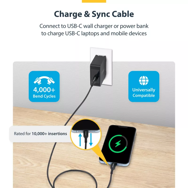 StarTech.com 4 m USB-C-latauskaapeli, lataus ja synkronointi, 60W (3A) PD, USB 2.0 kannettavan latauskaapeli, TPE-päällyste – musta USB-C-latauskaapeli