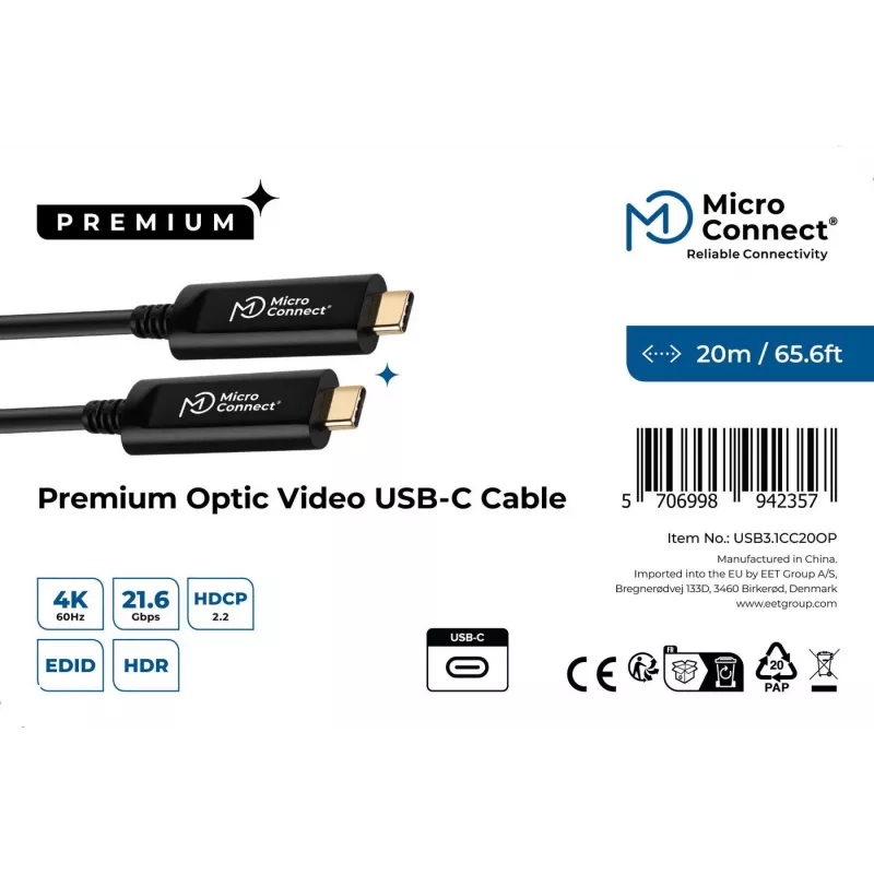 Microconnect USB3.1CC20OP USB-kaapeli USB 3.2 Gen 2 (3.1 Gen 2) 20 m USB-C musta