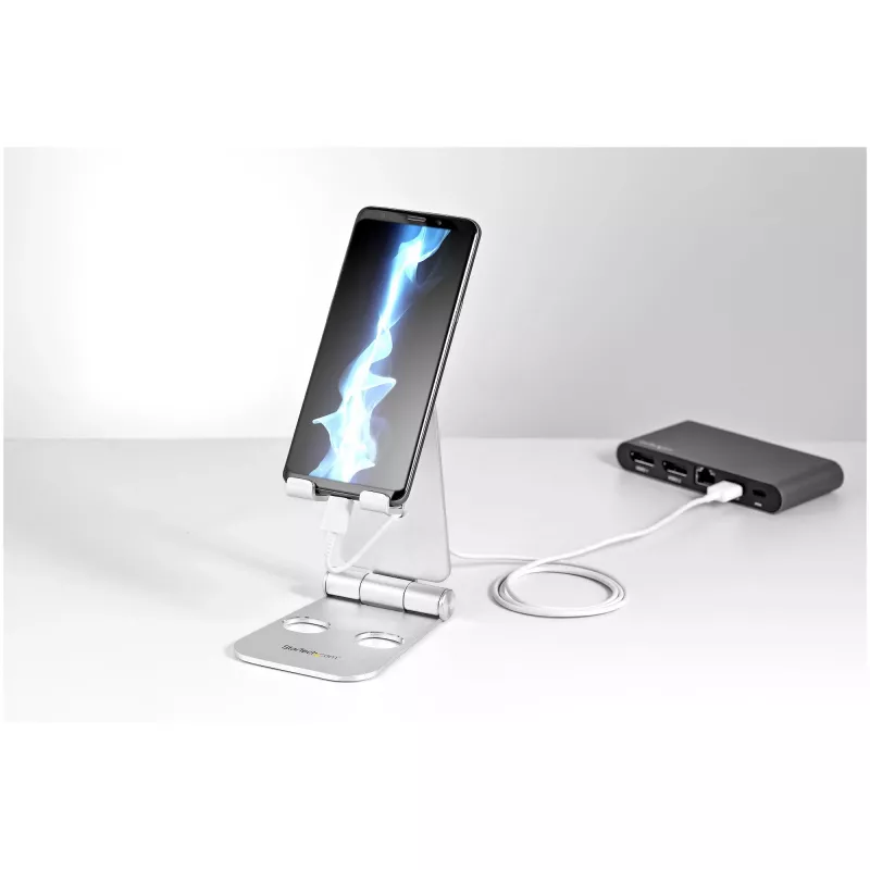 StarTech.com puhelin- ja tablettiteline – taitettava yleismalli mobiililaitteille, älypuhelimille ja tableteille – säädettävä monikulmainen ergonominen puhelinteline pöydälle – kannettava – hopea