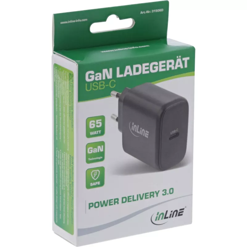 InLine USB PD -virtalähde, GaN-laturi, yksittäinen USB-C, Power Delivery, 65 W