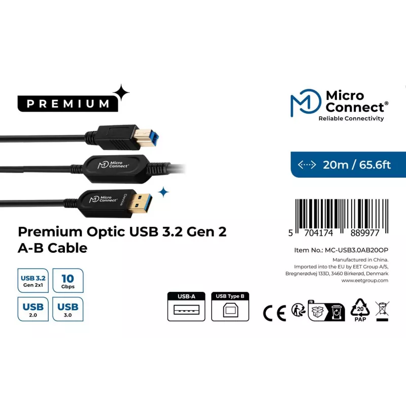 Microconnect MC-USB3.0AB20OP USB-kaapeli USB 3.2 Gen 2 (3.1 Gen 2) 20 m USB A USB B musta