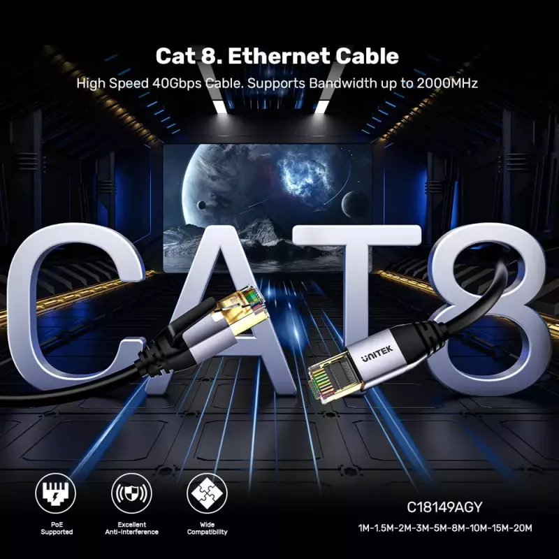 Verkkokaapeli UNITEK C18149AGY03-3M RJ-45 Cat8 3 m musta