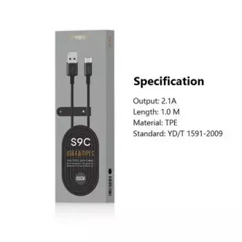 USB-A–USB-C-kaapeli Orsen S9C 1 m, 2,1 A, musta