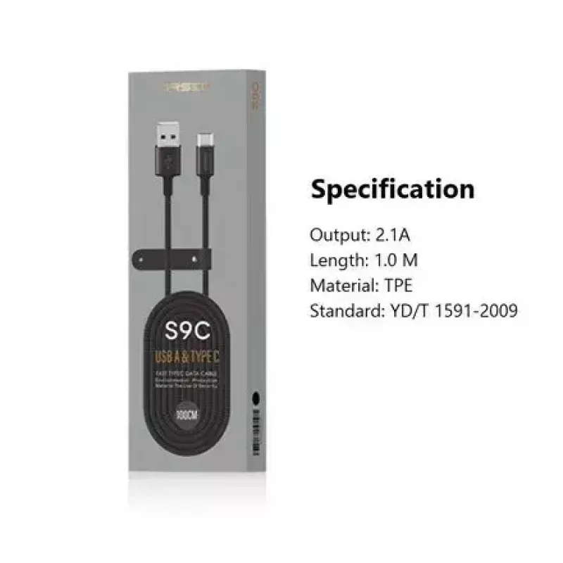 USB-A–USB-C-kaapeli Orsen S9C 1 m, 2,1 A, musta