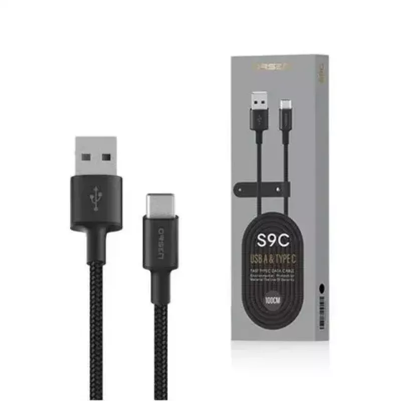 USB-A–USB-C-kaapeli Orsen S9C 1 m, 2,1 A, musta