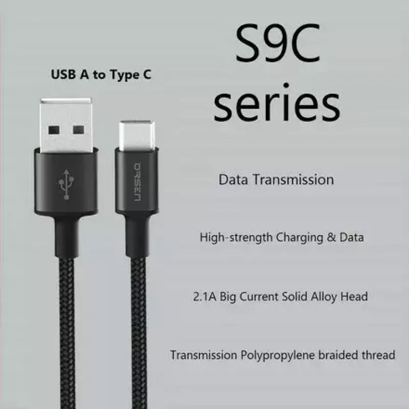 USB-A–USB-C-kaapeli Orsen S9C 1 m, 2,1 A, musta