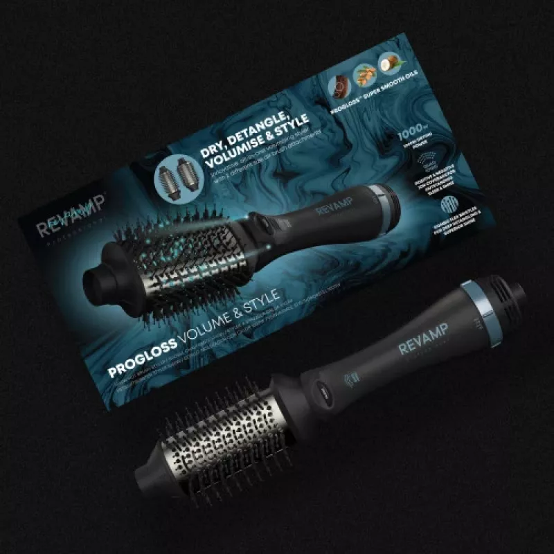 Revamp Progloss Volume & Style Hot Brush Style -kuumailmaharja lämmin musta 1000 W 3 m