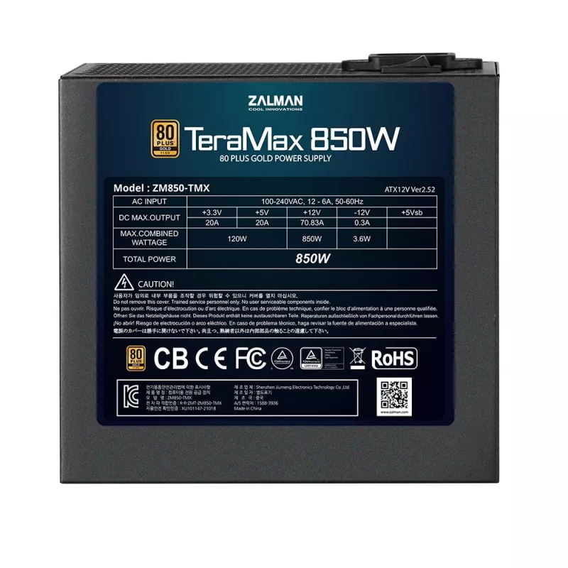 Zalman ZM850-TMX TeraMax 850 W virtalähde, 80 PLUS Gold, aktiivinen PFC, 120 mm tuuletin
