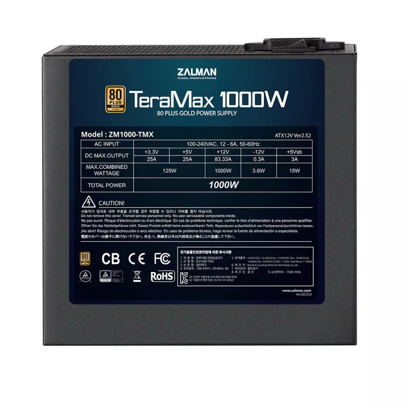 Zalman ZM1200-TMX 1200 W virtalähde, 80 PLUS Gold, aktiivinen PFC, 120 mm tuuletin