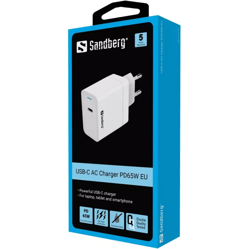 AC-laturi Sandberg USB-C PD65W EU sisäkäyttöön yleislaturi valkoinen