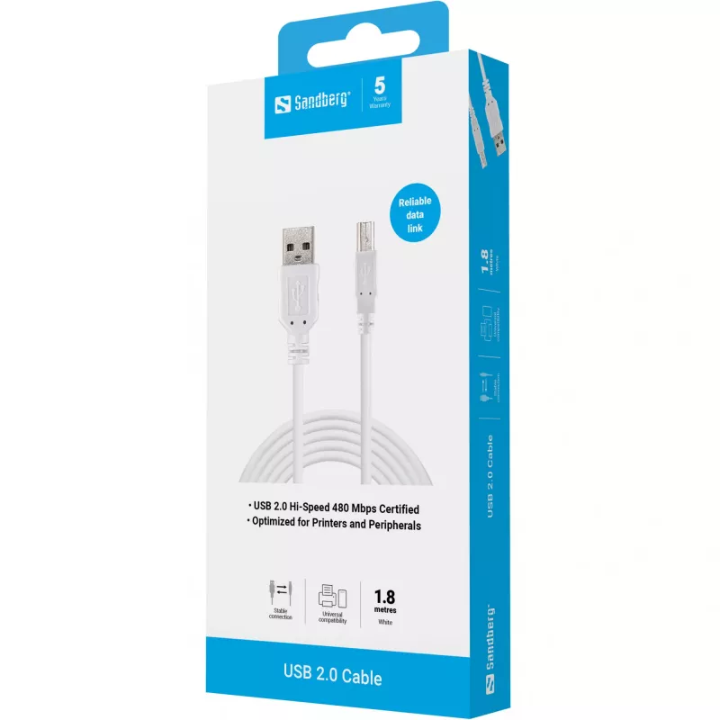 USB 2.0 A-B kaapeli uros/uros Sandberg 502-78 1,8 m