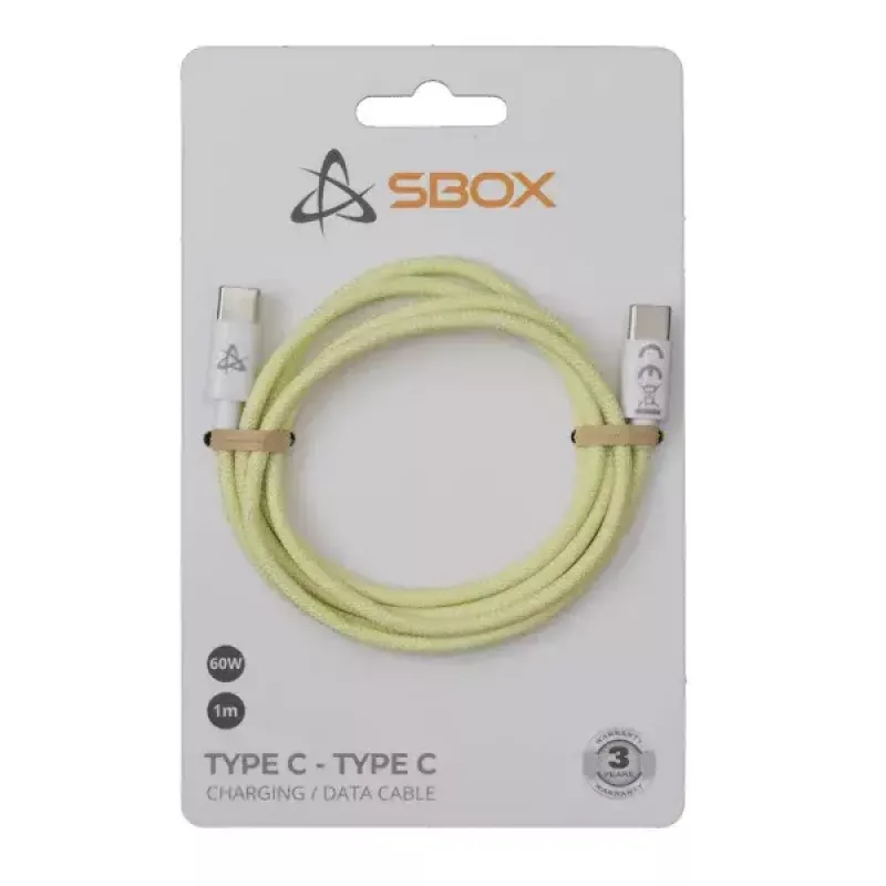 SBOX kaapeli USB Type C -> USB Type C M/M 1M keltainen 60W