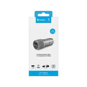 Sandberg autolaturi 1xQC3.0+1xUSB-C 48W, auto, savukkeensytytin, 12 V, metallinen