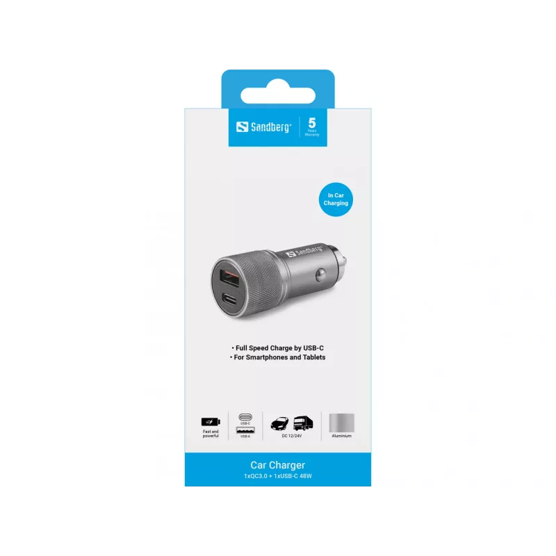 Sandberg autolaturi 1xQC3.0+1xUSB-C 48W, auto, savukkeensytytin, 12 V, metallinen