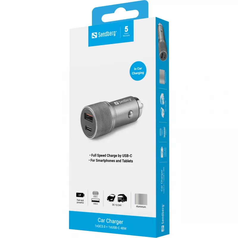 Sandberg autolaturi 1xQC3.0+1xUSB-C 48W, auto, savukkeensytytin, 12 V, metallinen