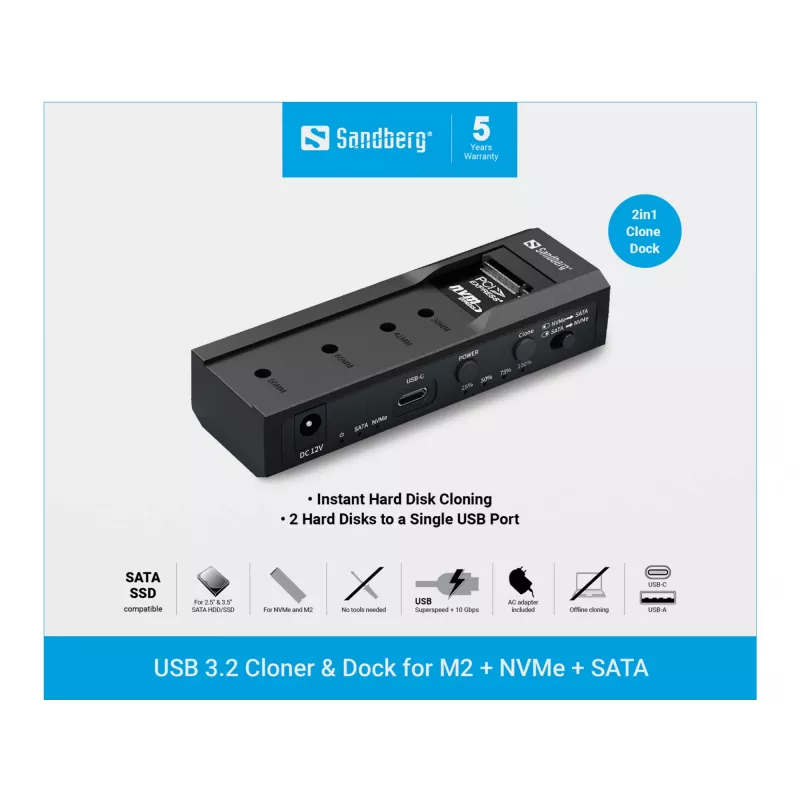 Sandberg USB 3.2 -kloonaustelakka M2 + NVMe + SATA