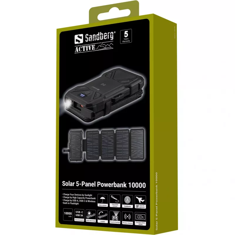 Kannettava varavirtalähde Sandberg Solar 5-Panel 10000 mAh