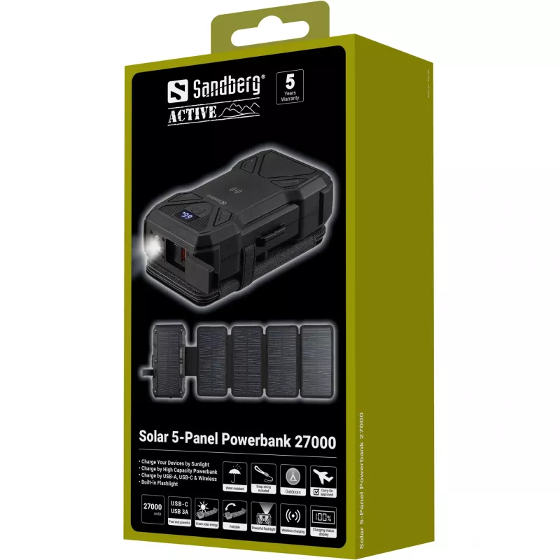 Kannettava varavirtalähde Sandberg Solar 5-Panel 27000 mAh