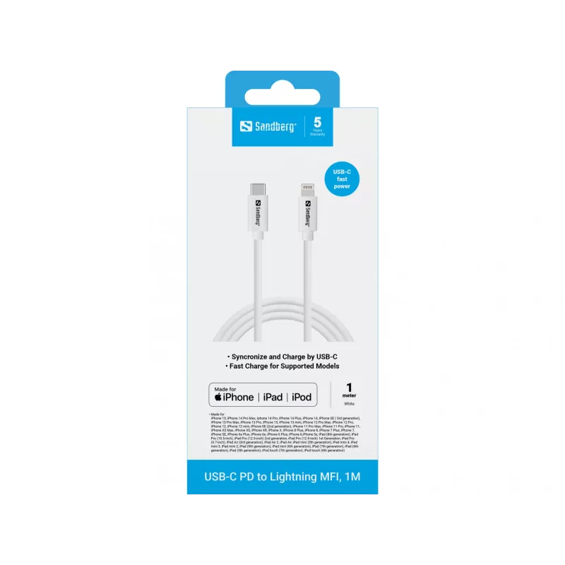 Sandberg USB-C PD Lightning MFI 1M -kaapeli 1m Lightning USB C