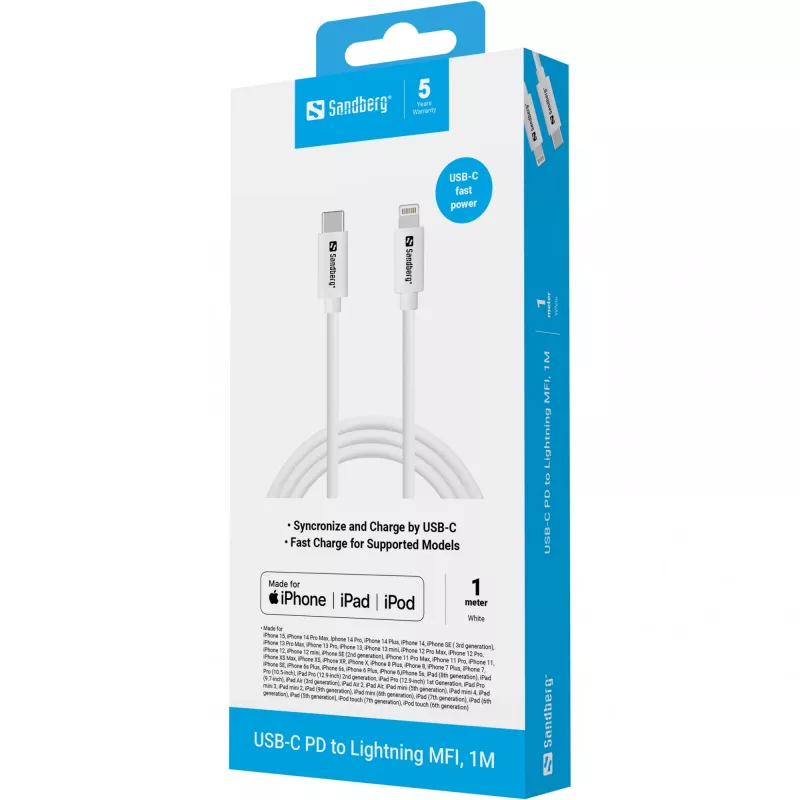 Sandberg USB-C PD Lightning MFI 1M -kaapeli 1m Lightning USB C