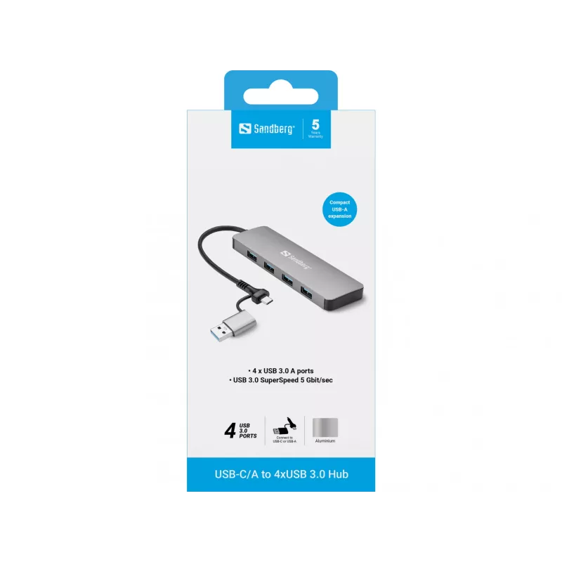 Sandberg USB-C/A 4xUSB 3.0 -keskitin alumiini 5000 Mbit/s
