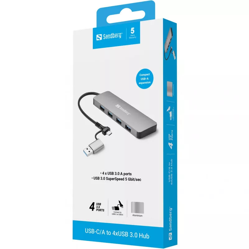Sandberg USB-C/A 4xUSB 3.0 -keskitin alumiini 5000 Mbit/s