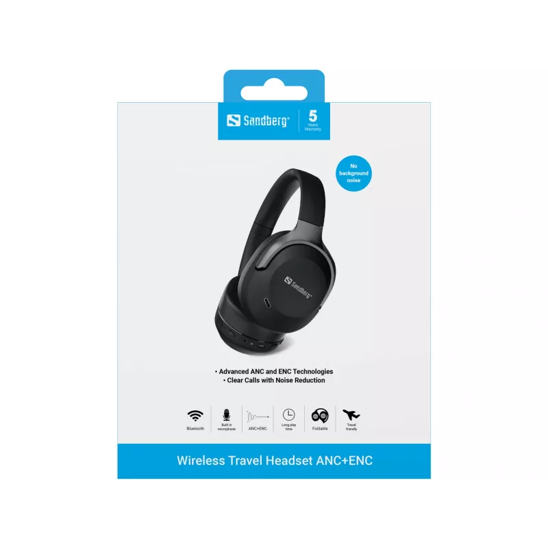 Sandberg Wireless Travel Headset ANC+ENC, langaton, puhelut/musiikki, 228 g, kuulokemikrofoni, musta